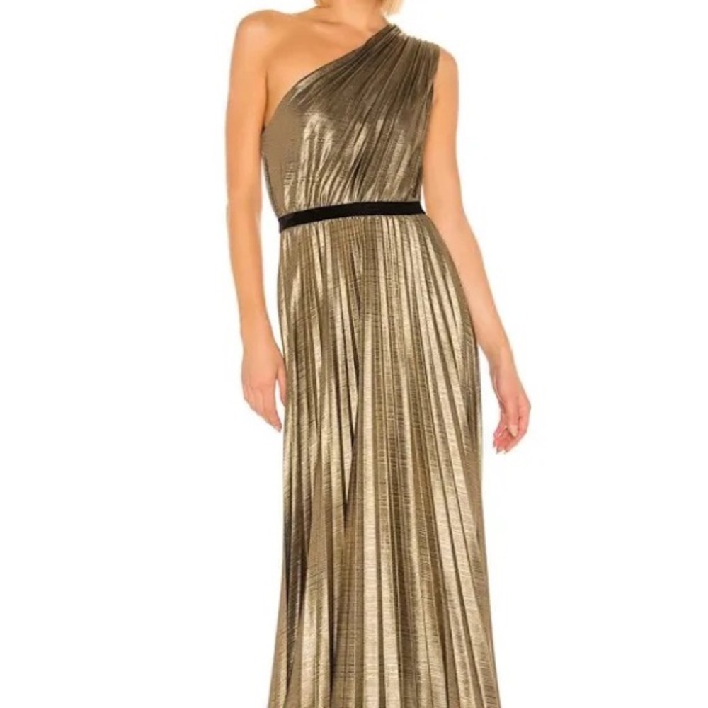 BCBG One Shoulder Gold Pleated Gown